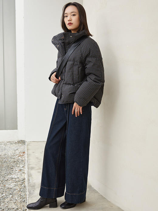 高腰阔腿九分牛仔裤 深色明辑线设计复古风宽松直筒牛仔阔腿裤 商品图1