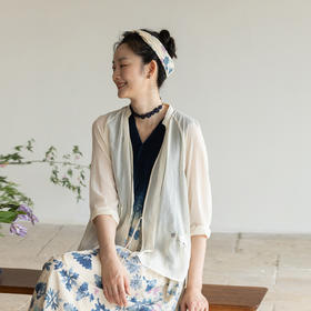 牧衣游原创 印花100支纯棉短外套轻薄透气文艺复古系带开衫 一朵