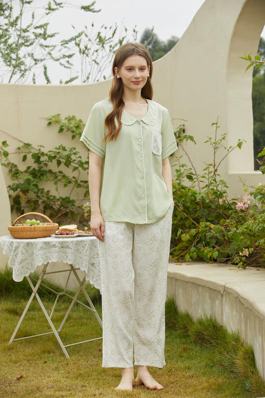 【79元限时秒杀】【秀黛】女莱赛尔绣花翻领短袖套装女士夏季睡衣家居服ML554014T【门店同款】 商品图1