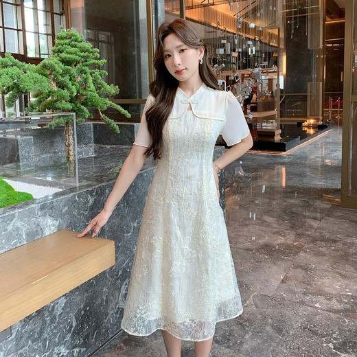 奢姿大码女装2025夏季改良旗袍拼接时尚连衣裙胖妹妹气质立领裙子9952890404 商品图1