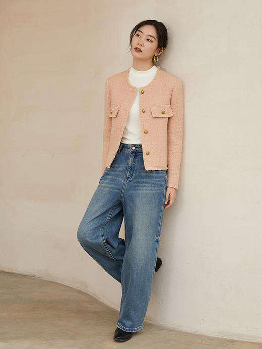 裸粉色粗花呢短款外套 金属纽扣圆领双口袋上衣 法式小香风温柔质感秋冬通勤夹克 商品图1