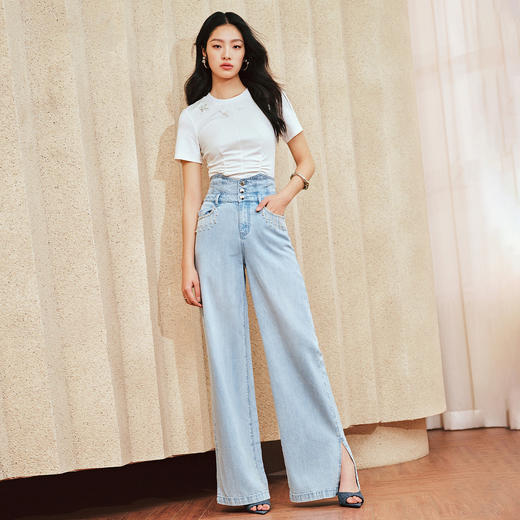 经典复古感浅蓝色高腰阔腿开叉牛仔裤春季裤子(货号:MS85PA019B1002) 商品图1