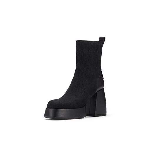 westory2023年秋冬新款黑色真皮粗高跟时装百搭短靴马丁靴女W23DS82811 商品图1