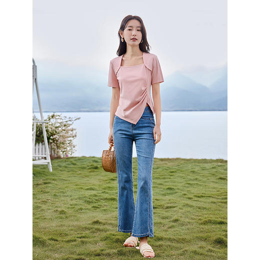 【专属特价】熙世界不规则正肩方领t恤设计感夏季短袖法式独特别致显瘦上衣 商品图4