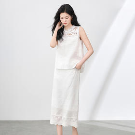 「高货wl」全新升级【铂金会员413/天猫559/差价146】(99445)洛诗琳法式亚麻镂空蕾丝T恤上衣精致花边半身裙两件套女