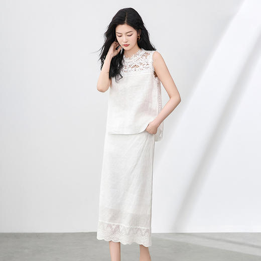 「高货wl」全新升级【铂金会员413/天猫559/差价146】(99445)洛诗琳法式亚麻镂空蕾丝T恤上衣精致花边半身裙两件套女 商品图0