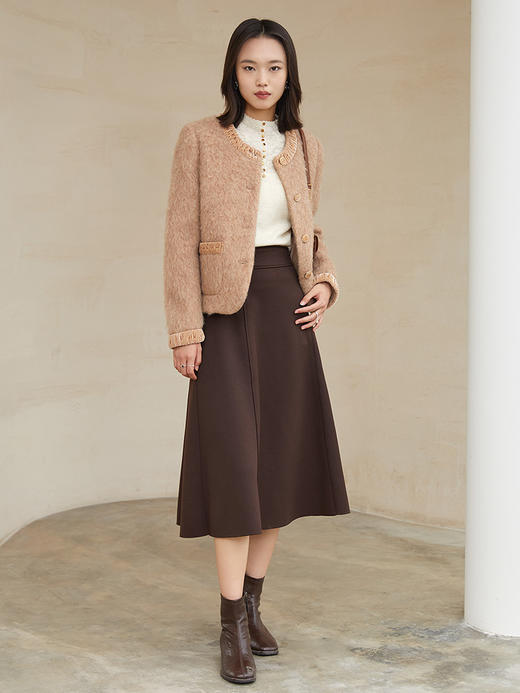 浅燕麦杂色毛呢短款外套 圆领丝绒流苏边单排扣双口袋修身显瘦秋冬法式优雅名媛风上衣 商品图1