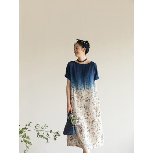 牧衣游原创 印花吊染亚麻连衣裙新款轻薄渐变质朴宽松长裙 夏未 商品图1