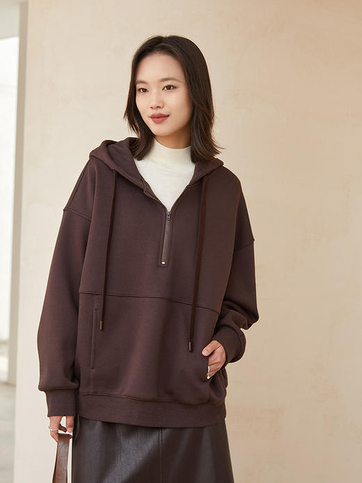 深棕纯色半拉链连帽卫衣 宽松廓形抽绳双口袋休闲显瘦秋冬通勤慵懒风百搭套头上衣 商品图0