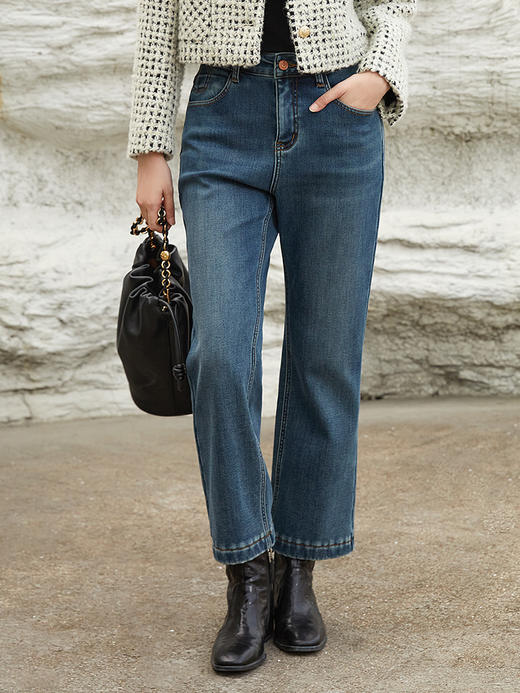 复古水洗蓝微喇叭牛仔裤 高腰修身显瘦九分裤脚经典明线装饰通勤休闲日常百搭裤装 商品图0