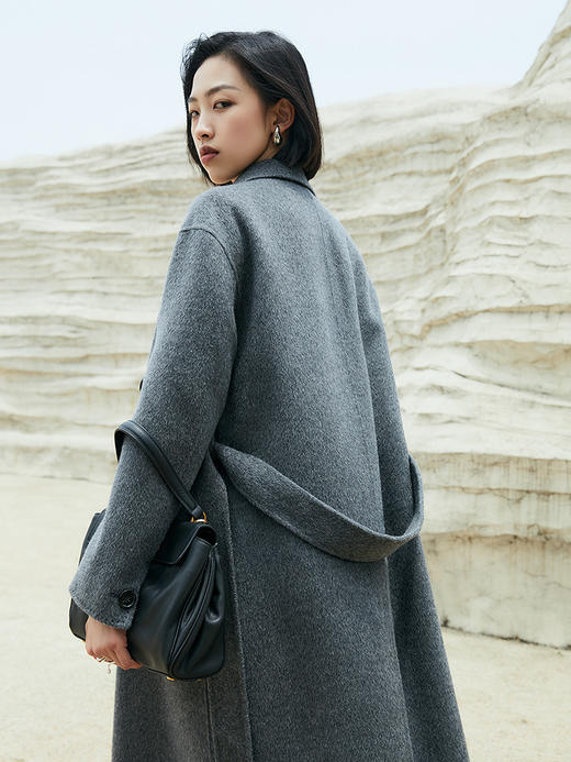 秋冬新款灰色双面呢大衣女中长款气质西装领双排扣收腰系带毛呢外套 商品图1