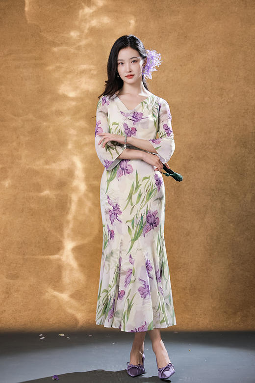 逸红颜明月优选「咏紫鸢」清丽婉转·鸢尾花荡领鱼尾，古典雪纺连衣裙 商品图4