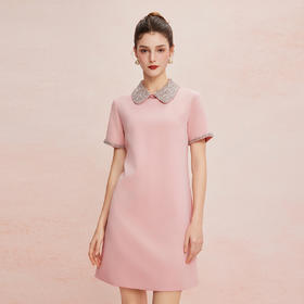 QF8D9斯尔丽25夏季新款名媛风精致镶钻减龄时尚H身型挡肚子连衣裙