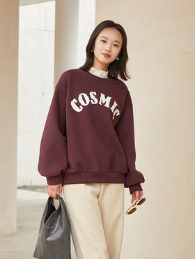 复古酒红色字母印花卫衣 圆领宽松落肩上衣 秋冬美式街头风显瘦加绒套头衫