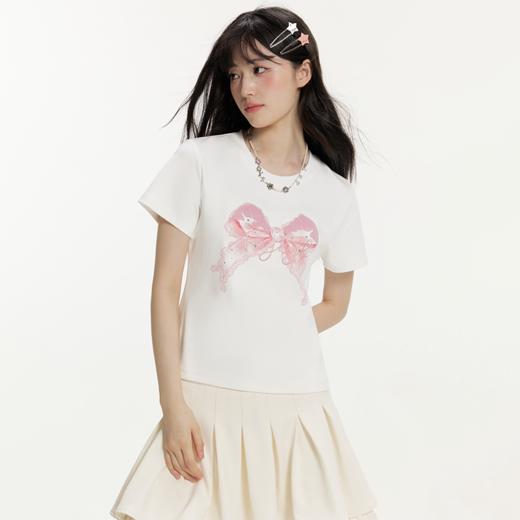 YKYB黄子韬短袖T恤女款肤糯米双面柔贴身透气弹蝴蝶结烫钻可爱风百搭云朵上衣 商品图4
