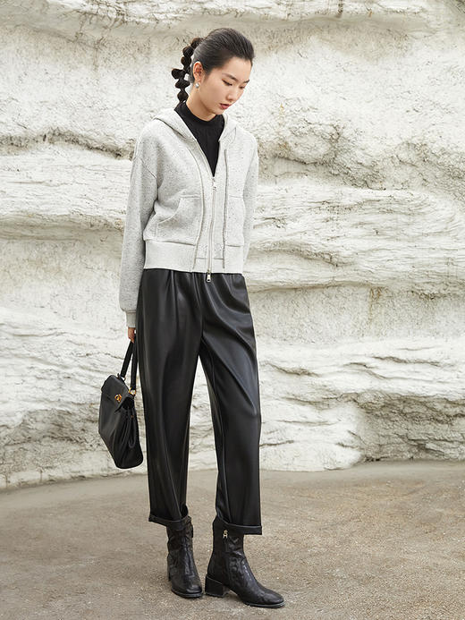 秋冬季新款灰色连帽卫衣外套女短款宽松显瘦彩点纱双拉链开衫上衣 商品图1