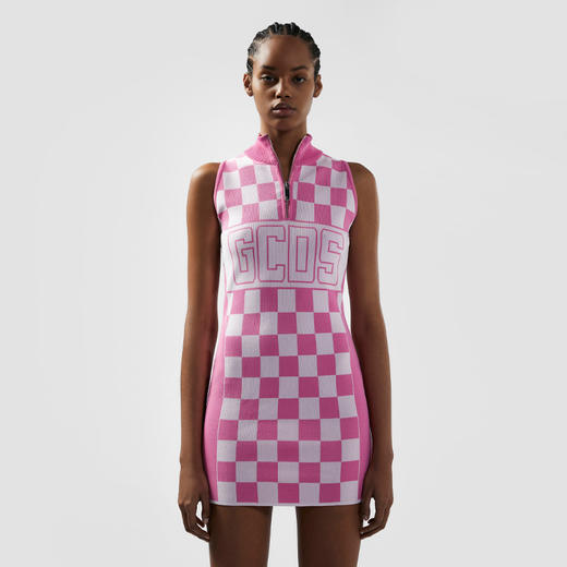 GCDS 女士字母徽标格纹半拉链迷你连衣裙 粉色 B1CW1015KH7 55 商品图1