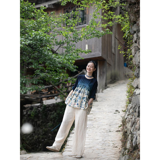 牧衣游原创 吊染蓝染印花亚麻套头衫渐变质朴复古文艺上衣 山水青 商品图3