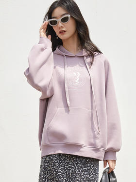 淡紫色连帽卫衣 复古风字母印花宽松上衣 春秋季慵懒感显瘦百搭女式带帽衫