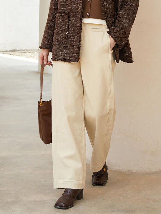 2025 秋冬浅卡其色阔腿休闲裤女 高腰显瘦直筒九分裤 简约明线设计通勤百搭宽松工装风裤子 商品图0