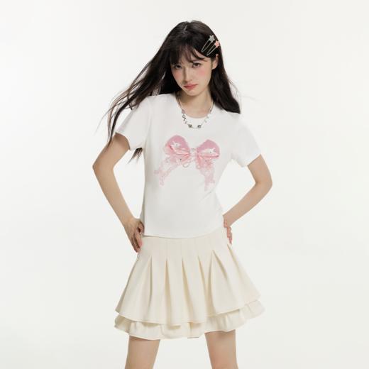 YKYB黄子韬短袖T恤女款肤糯米双面柔贴身透气弹蝴蝶结烫钻可爱风百搭云朵上衣 商品图5