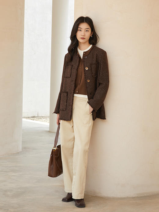 2025 秋冬深棕金闪粗花呢小香风外套女 圆领毛边设计宽松四袋单排扣通勤休闲短款上衣 商品图1