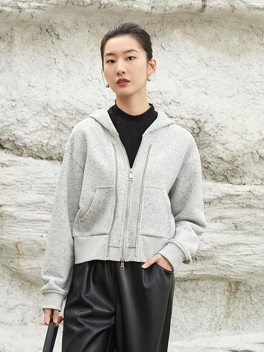 秋冬季新款灰色连帽卫衣外套女短款宽松显瘦彩点纱双拉链开衫上衣 商品图0