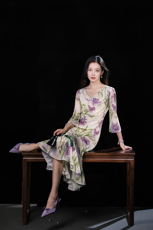逸红颜明月优选「咏紫鸢」清丽婉转·鸢尾花荡领鱼尾，古典雪纺连衣裙 商品图14
