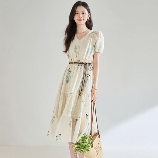 25夏季法式重工植物刺绣天丝褶皱肌理拼接设计中长款连衣裙25300 商品图2