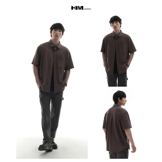 HIM漢崇  时尚简约织唛工装口袋舒适宽松休闲短袖衬衫男 2026春季 商品图3