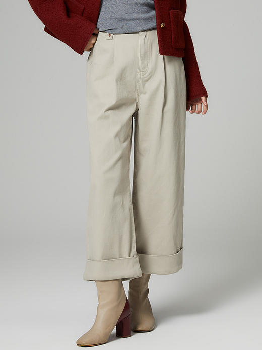 浅卡其色高腰阔腿裤 复古风翻边九分裤 春秋季显瘦百搭宽松女式休闲裤 商品图0