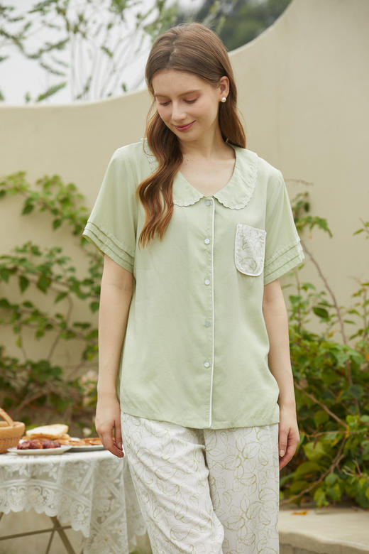 【79元限时秒杀】【秀黛】女莱赛尔绣花翻领短袖套装女士夏季睡衣家居服ML554014T【门店同款】 商品图8