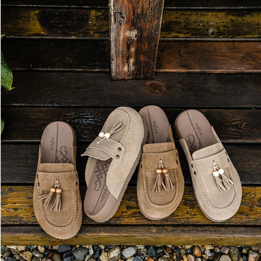 Safiya/索菲娅2025复古厚底包头外穿休闲流苏百搭穆勒勃肯拖鞋SFD3110081 商品图2