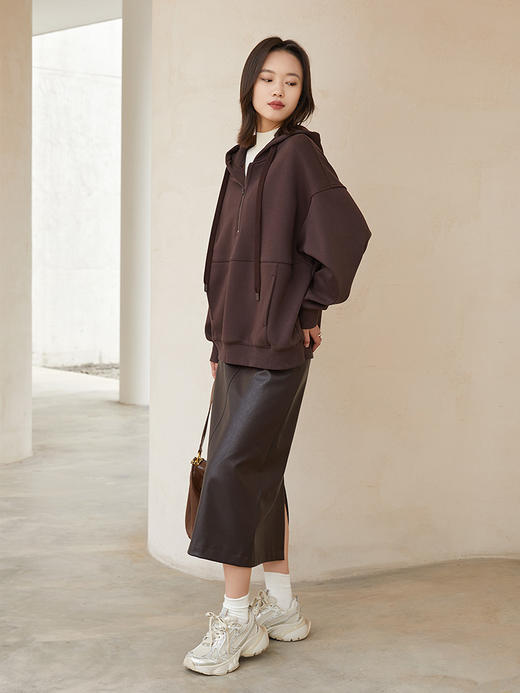 深棕纯色半拉链连帽卫衣 宽松廓形抽绳双口袋休闲显瘦秋冬通勤慵懒风百搭套头上衣 商品图1
