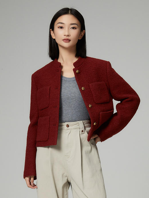 酒红色立领多口袋毛呢短外套 复古风单排扣显瘦上衣 秋冬质感百搭女式夹克 商品图0