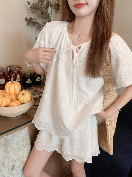 <曾小咸推荐>3.28现货秒杀！微信超特价！重工刺绣套装泡泡袖衬衫+短裤两件套 日常219.99 立减110 秒杀109.99/套！ 商品图9