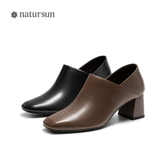 natursun百搭小皮鞋女简约高跟鞋牛皮圆头气质单鞋N25423101 商品图4