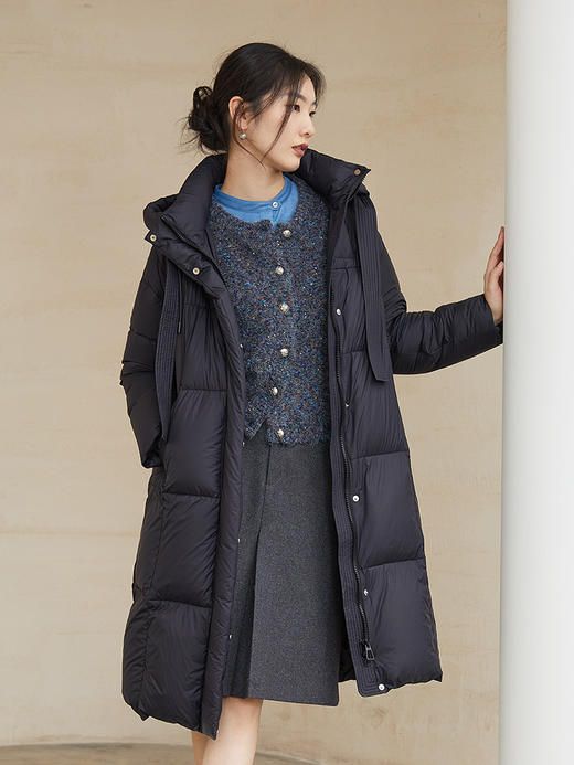 冬季新款黑色连帽羽绒服女中长款宽松保暖白鸭绒系带收腰过膝外套 商品图0