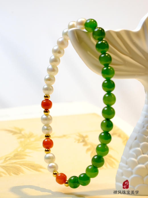 巧也【琅嬛】6mm菠菜绿碧玉配南红珍珠手珠国风手串禅意风 商品图5