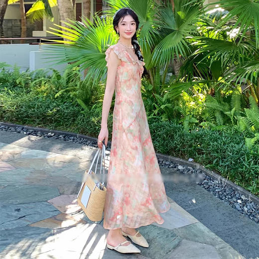 西遇碎花飞袖连衣裙女夏季新款系带收腰法式荷叶边v领长裙SS050990 商品图4
