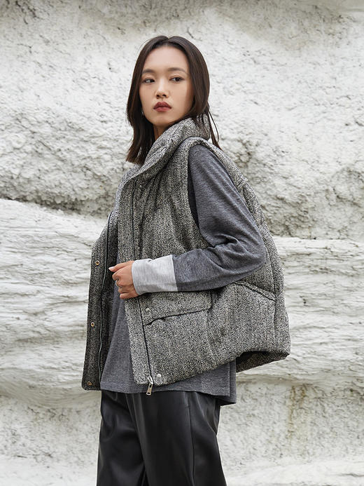 秋冬新款灰色立领羽绒马甲女复古粗花呢面料宽松显瘦外穿背心外套 商品图1