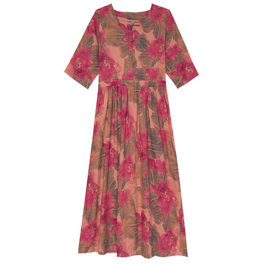 QYQ42382025春夏新款文艺复古盘扣荷叶领棉麻抽绳收腰中袖长款气质连衣裙 商品图4