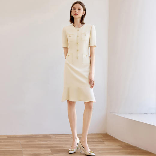 高端米白色小香风圆领连衣裙女夏新款短袖法式鱼尾裙通勤工作服 商品图2