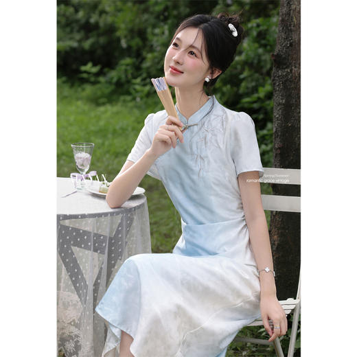 鹿向南「仙仙竹韵」蓝色旗袍连衣裙女夏季新款短袖新中式国风长裙 商品图1