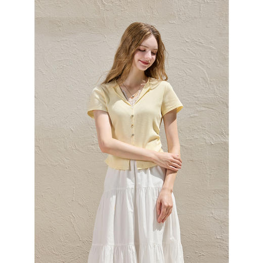 三彩2025夏季新款蕾丝V领短袖T恤收腰短款修身上衣套头衫休闲M 商品图1