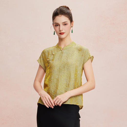 QF259斯尔丽25新款新国风低小立领短袖沙质防透质感高级百搭显瘦上衣 商品图7