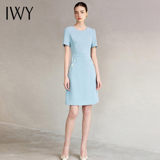 IWY/蓝色短袖圆领连衣裙女收腰汉堡显瘦珠宝销售工作服医美正装25Q736 商品图0