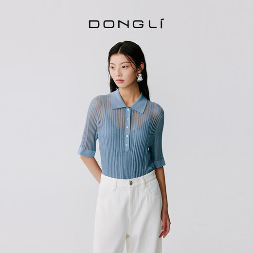 东黎 • 温柔的海风 波光透影 桑蚕丝山羊绒 女士T恤领短袖 5207 商品图3