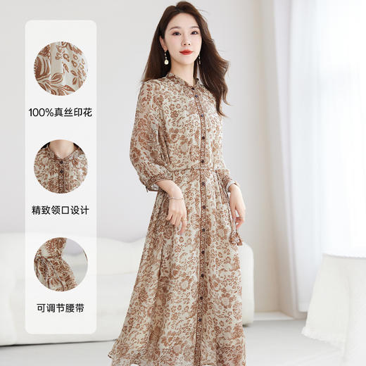 V领乔其印花乔其真丝，显瘦夏100%桑蚕丝连衣裙SM-82599932 商品图1