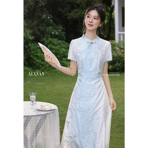 鹿向南「仙仙竹韵」蓝色旗袍连衣裙女夏季新款短袖新中式国风长裙 商品图2